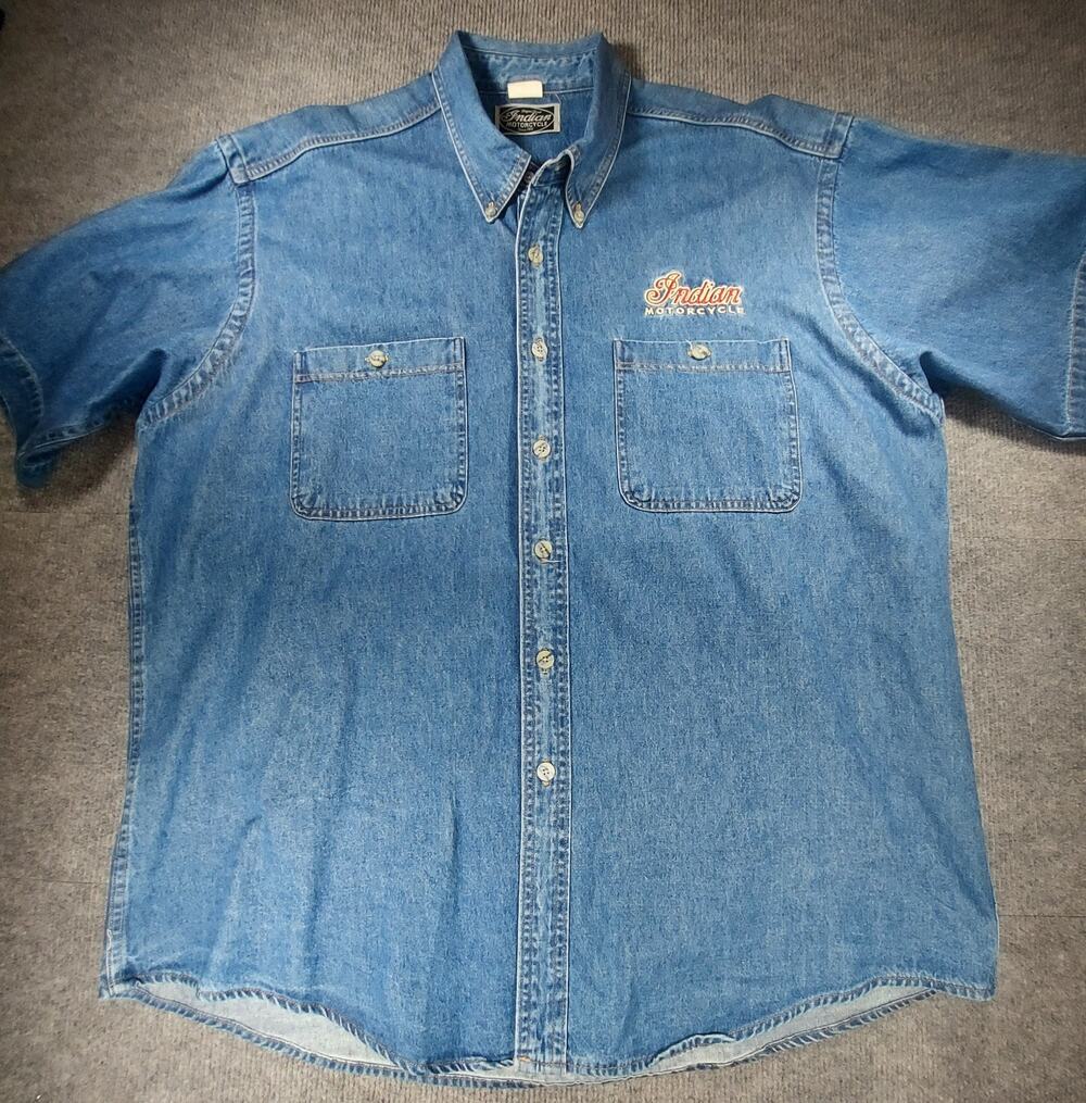 Vintage Indian Motorcycle Denim Shirt Men's XL Short Sleeve Button Up Blue 17.5